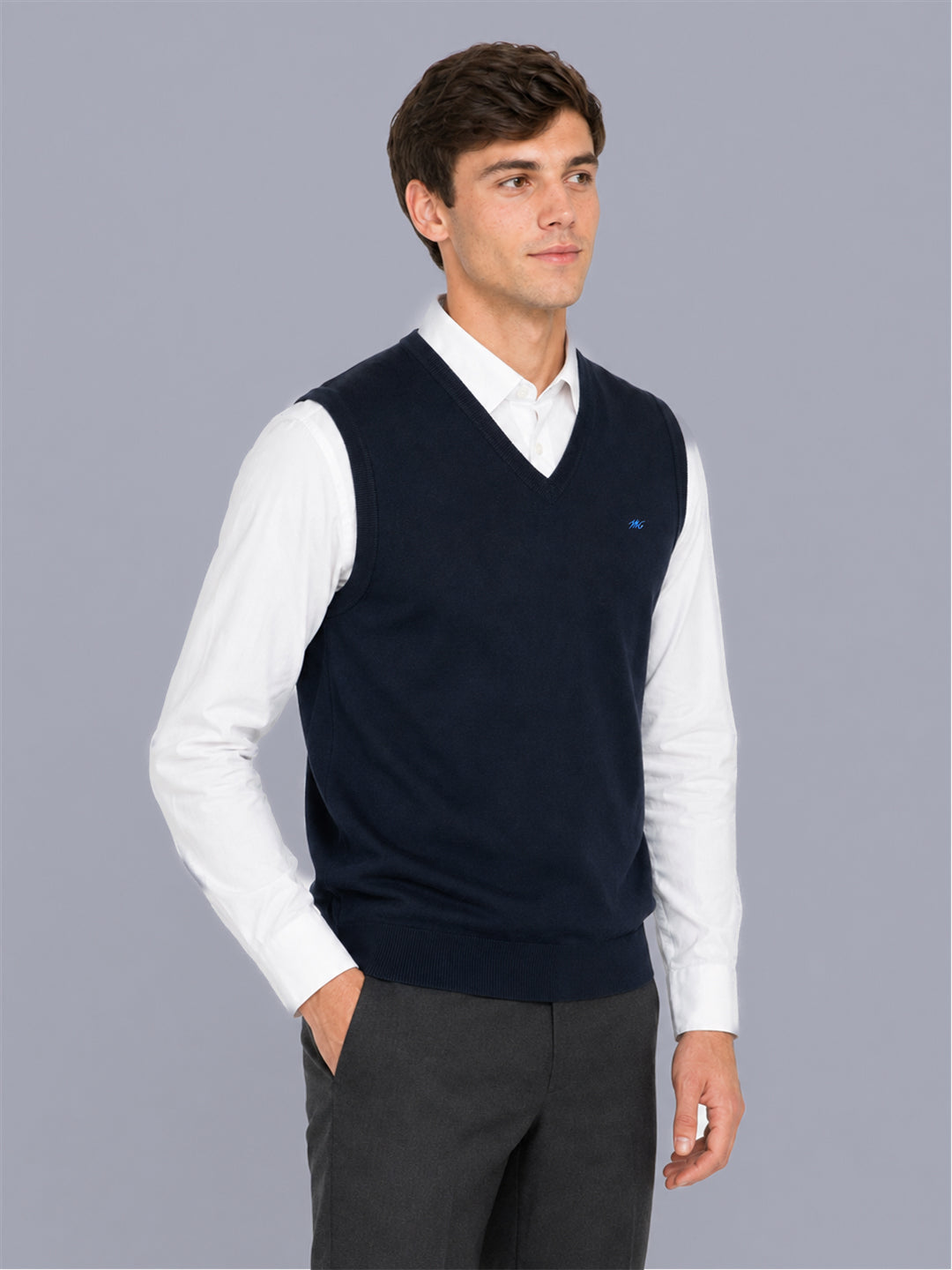 Men Navy Blue Solid V Neck Sleeveless Sweater