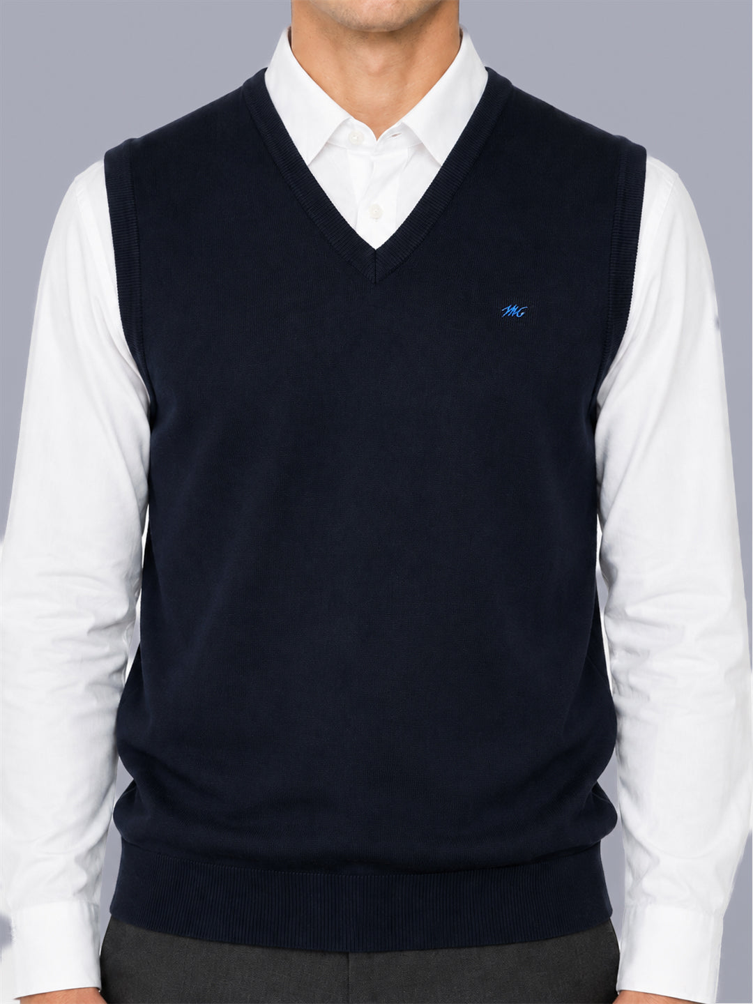 Men Navy Blue Solid V Neck Sleeveless Sweater