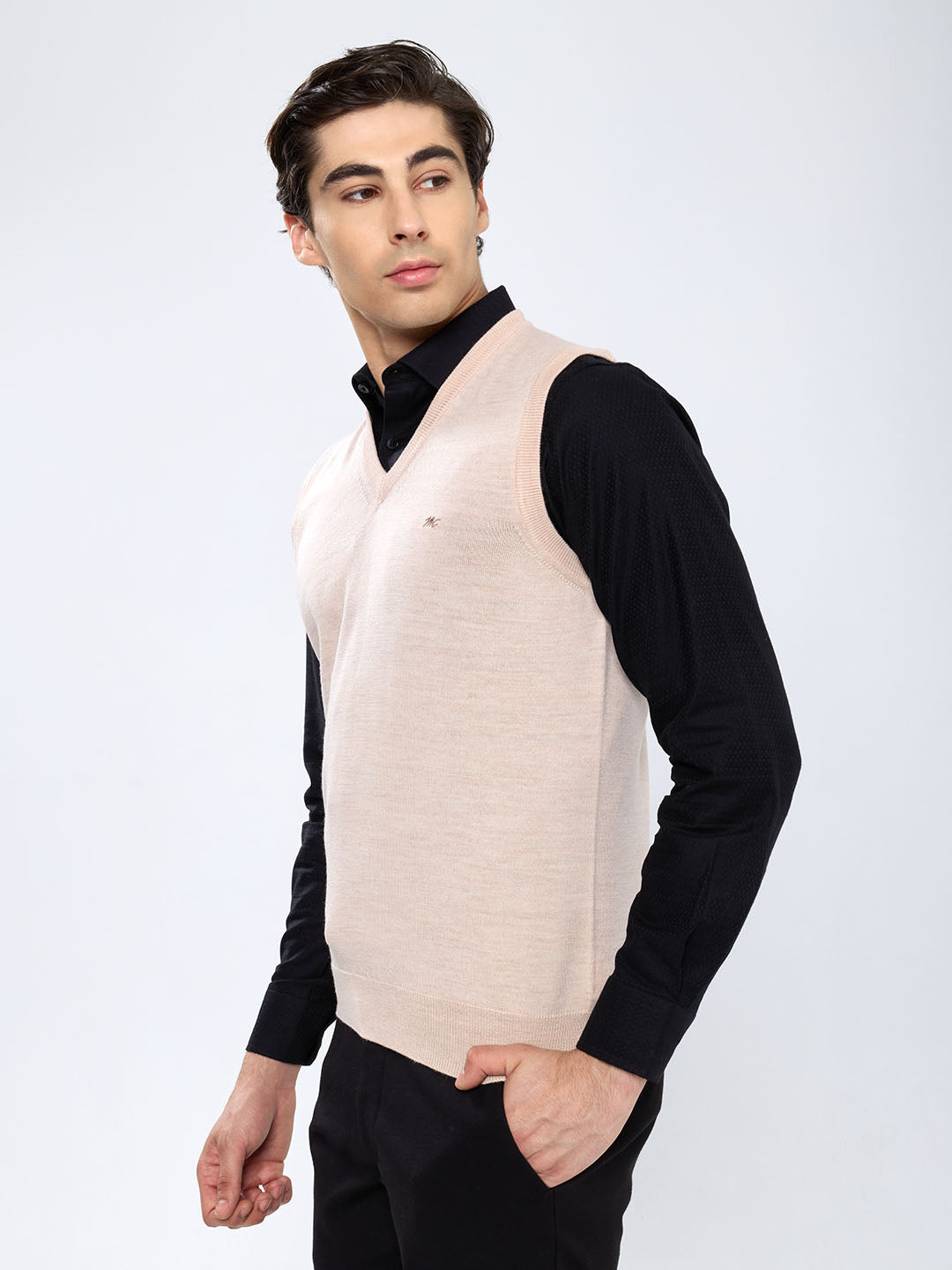 Men Beige Solid V Neck Sleeveless Sweater