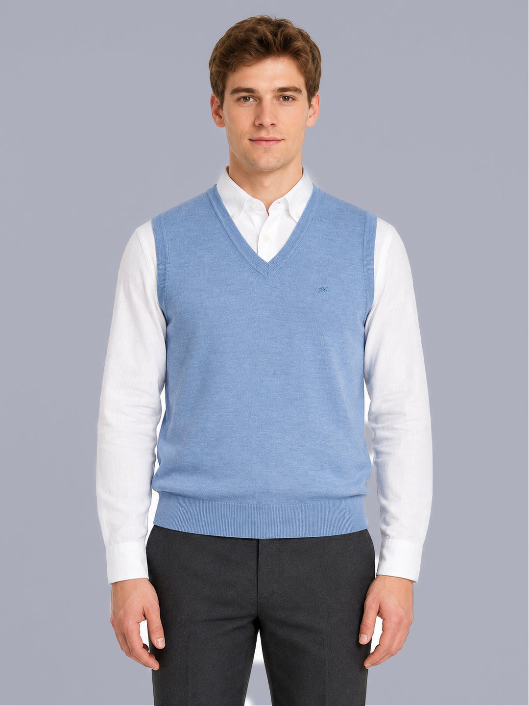 Men Blue Solid V Neck Sleeveless Sweater