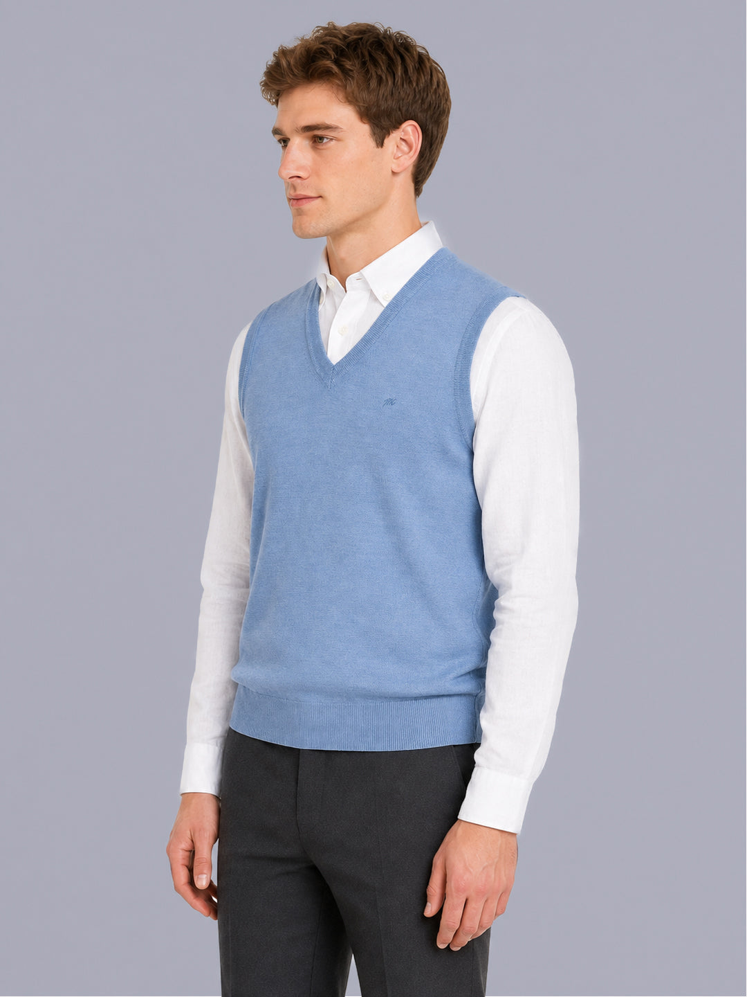 Men Blue Solid V Neck Sleeveless Sweater