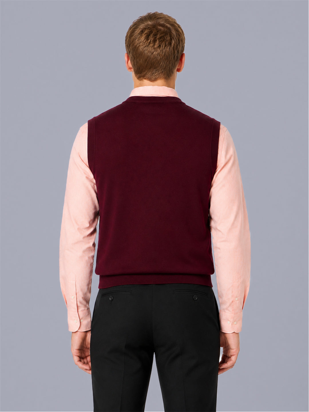 Men Maroon Solid V Neck Sleeveless Sweater
