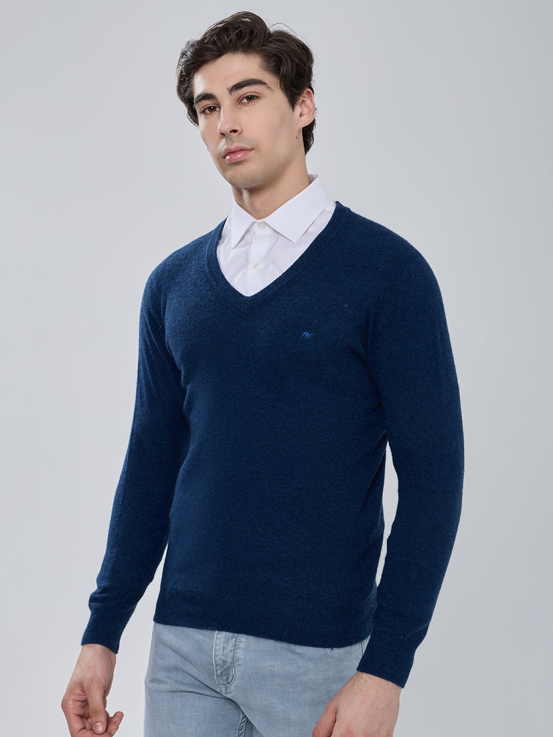 Men Royal Blue Solid V Neck Full Sleeve Pullover