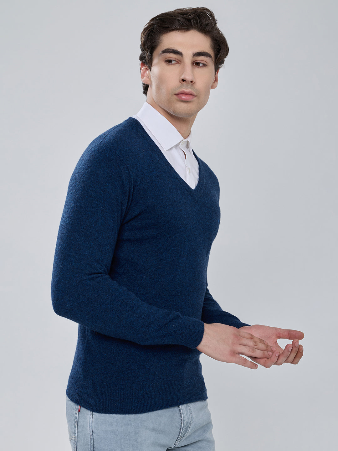 Men Royal Blue Solid V Neck Full Sleeve Pullover