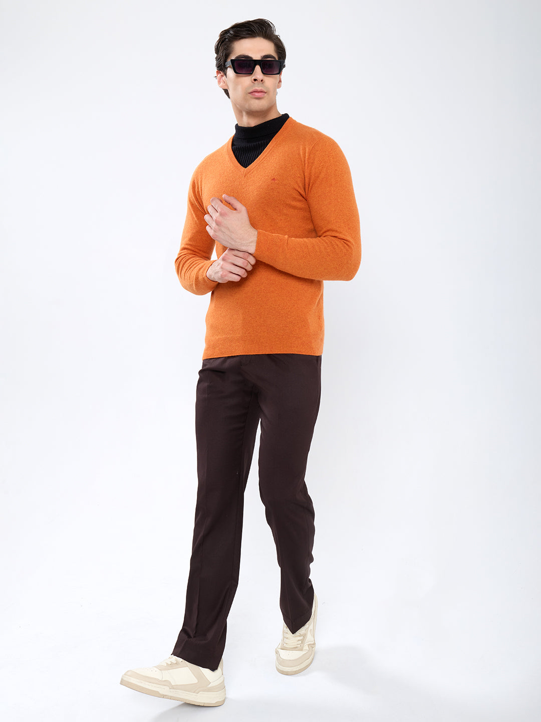 Men Orange Solid V Neck Full Sleeve Pullover