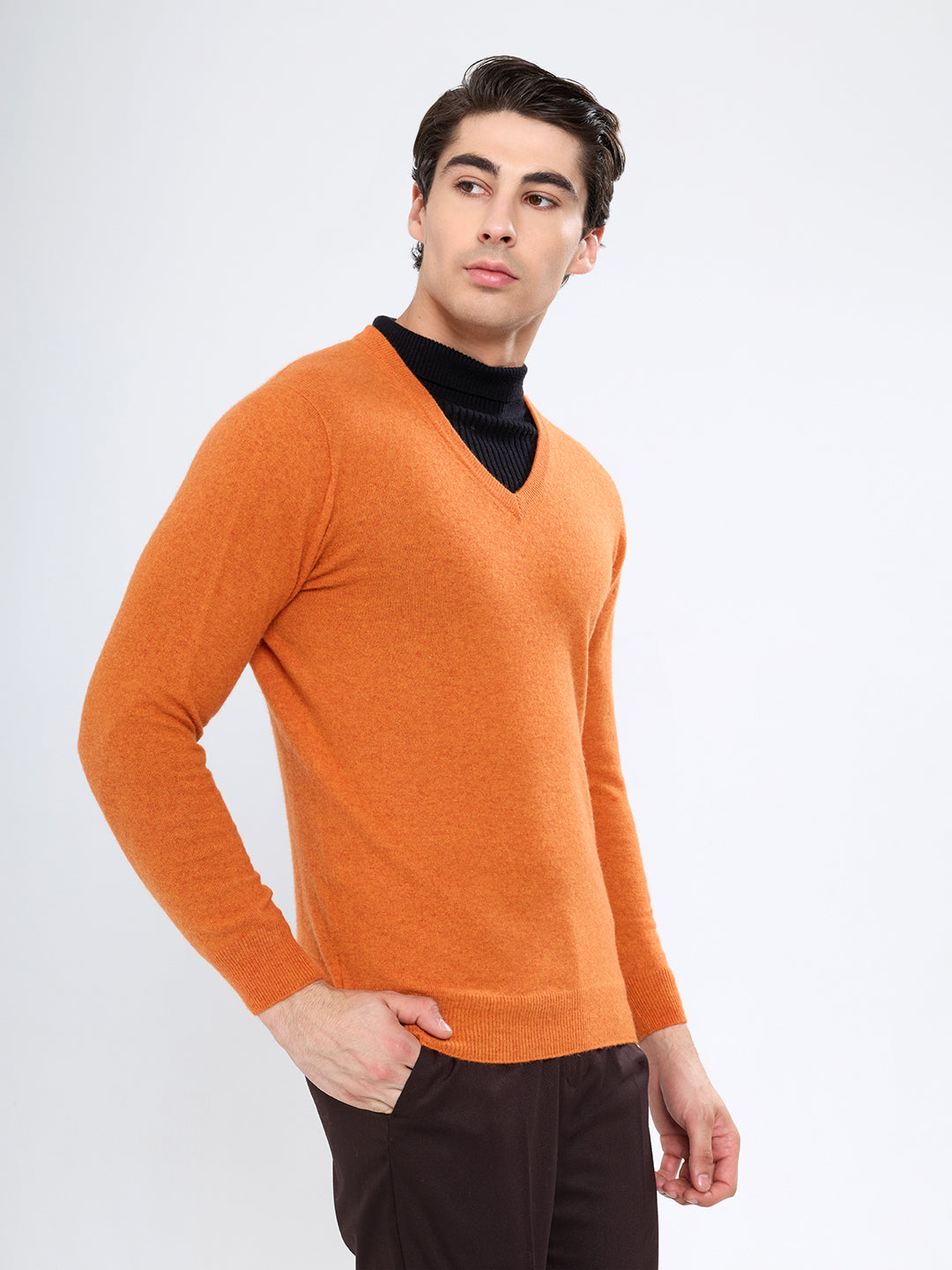 Men Orange Solid V Neck Full Sleeve Pullover