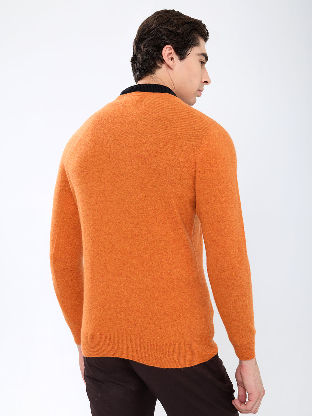 Men Orange Solid V Neck Full Sleeve Pullover