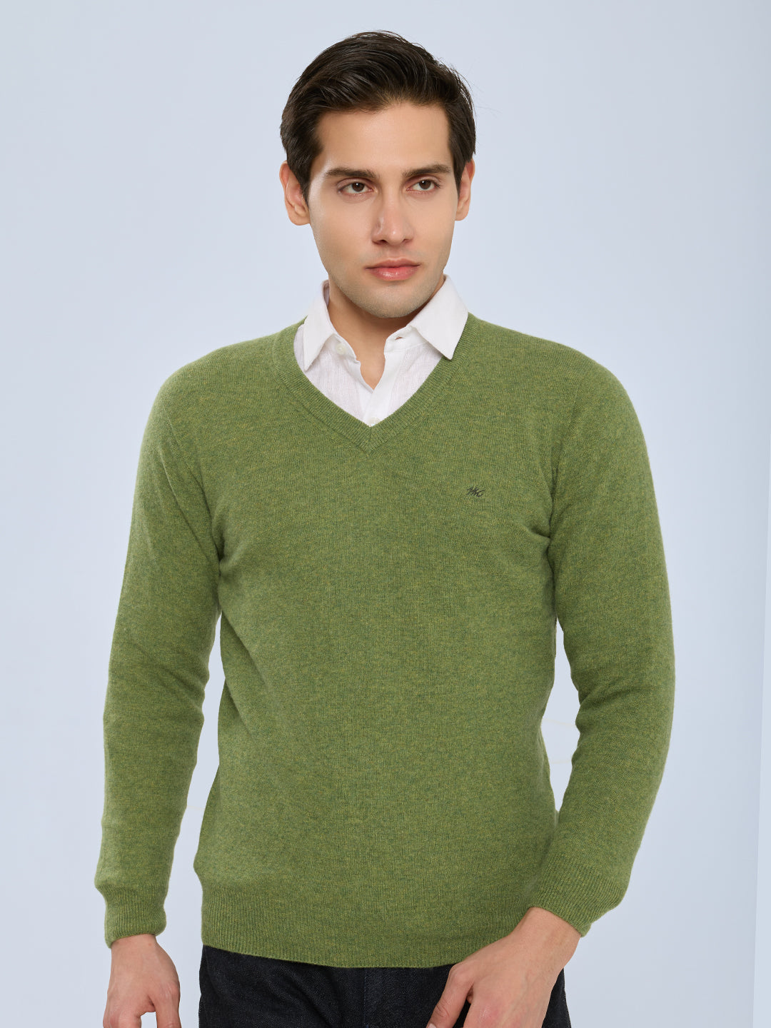 Men Green Solid V Neck Full Sleeve Pullover