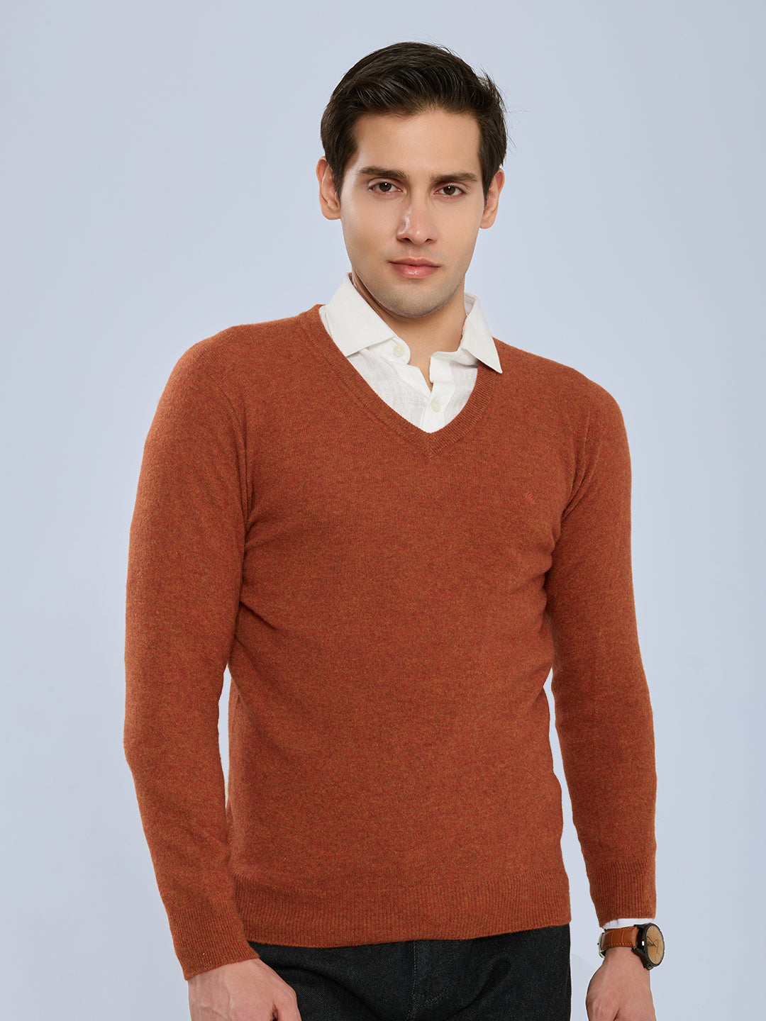 Men Rust Solid V Neck Full Sleeve Pullover