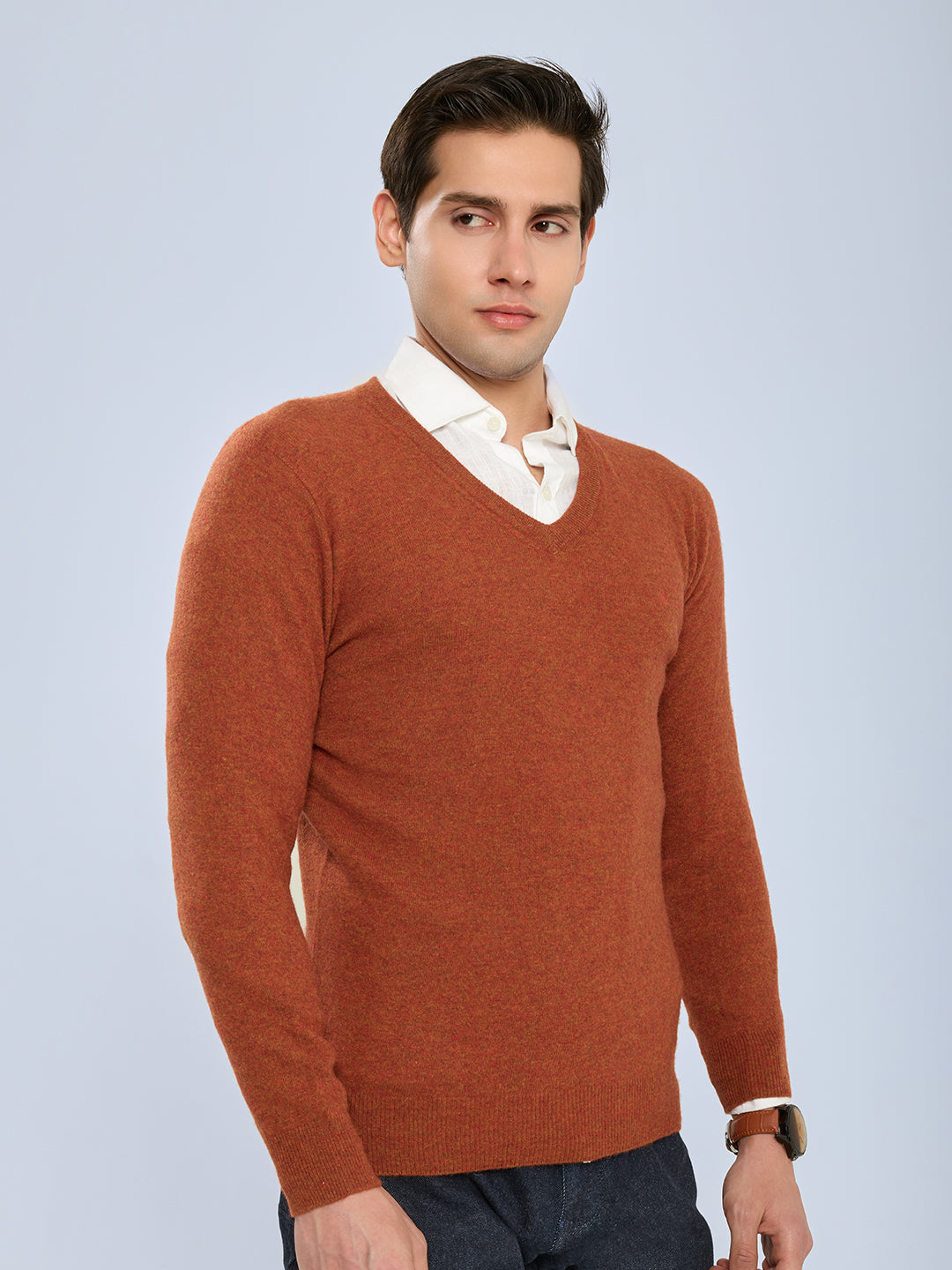 Men Rust Solid V Neck Full Sleeve Pullover