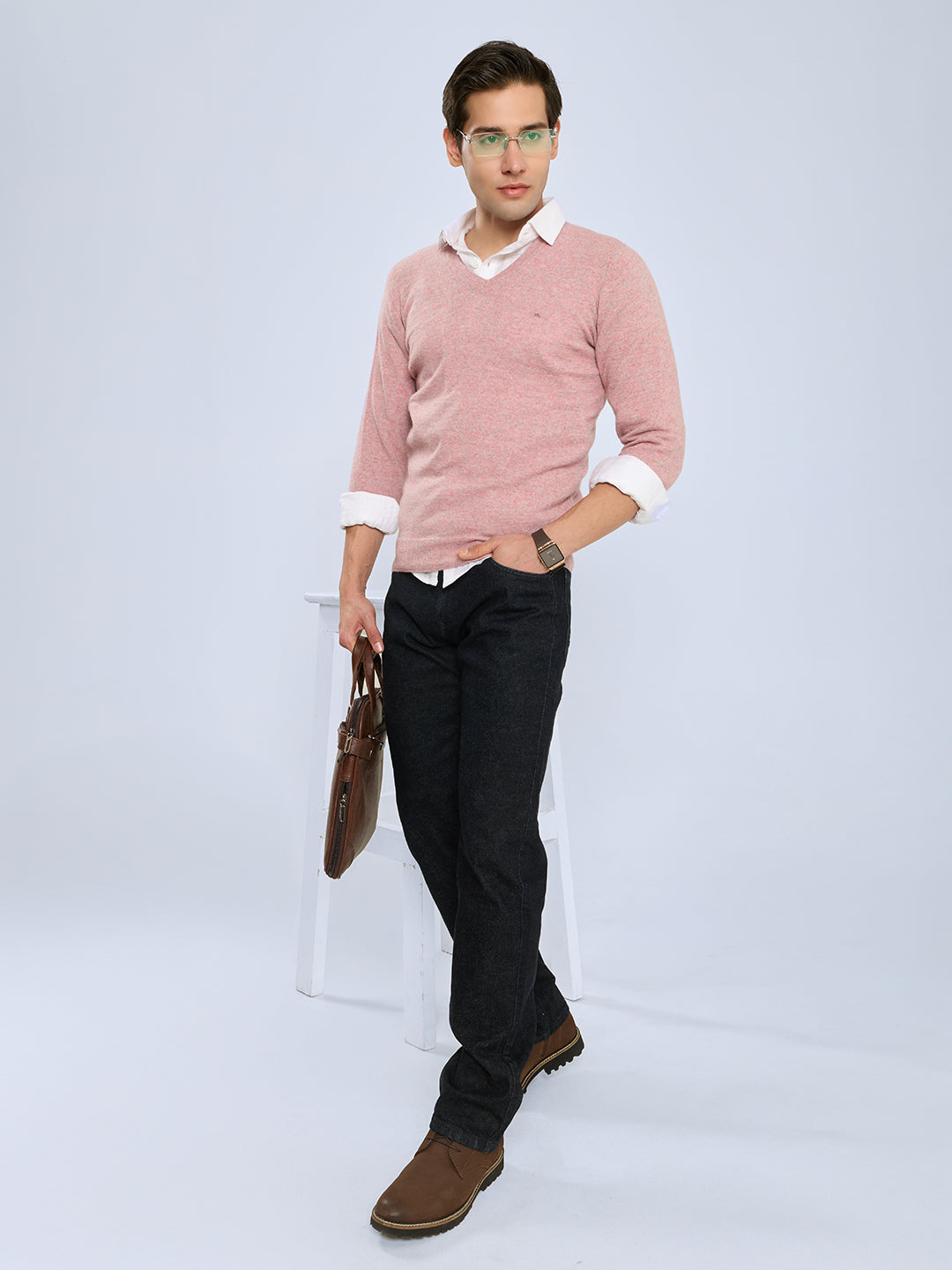 Men Pink Solid V Neck Full Sleeve Pullover