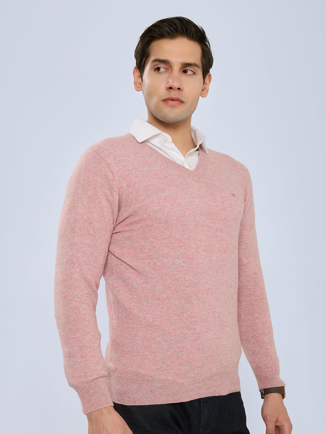 Men Pink Solid V Neck Full Sleeve Pullover