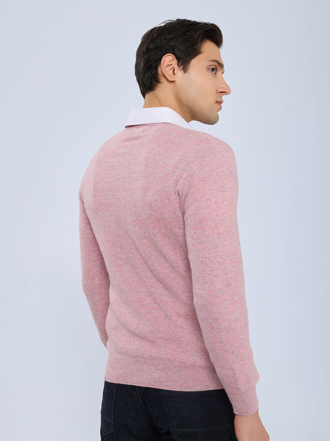 Men Pink Solid V Neck Full Sleeve Pullover
