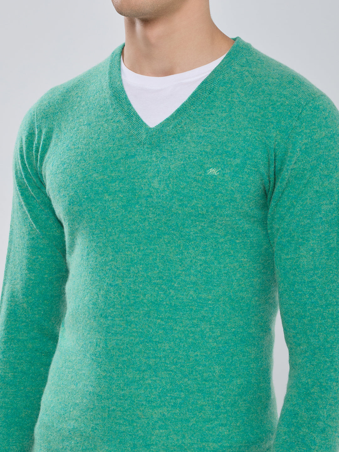 Men Sea Green Solid V Neck Full Sleeve Pullover