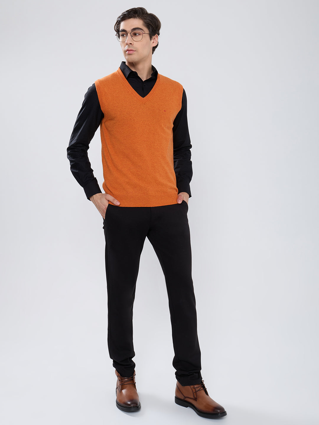 Men Orange Solid V Neck Sleeveless Sweater