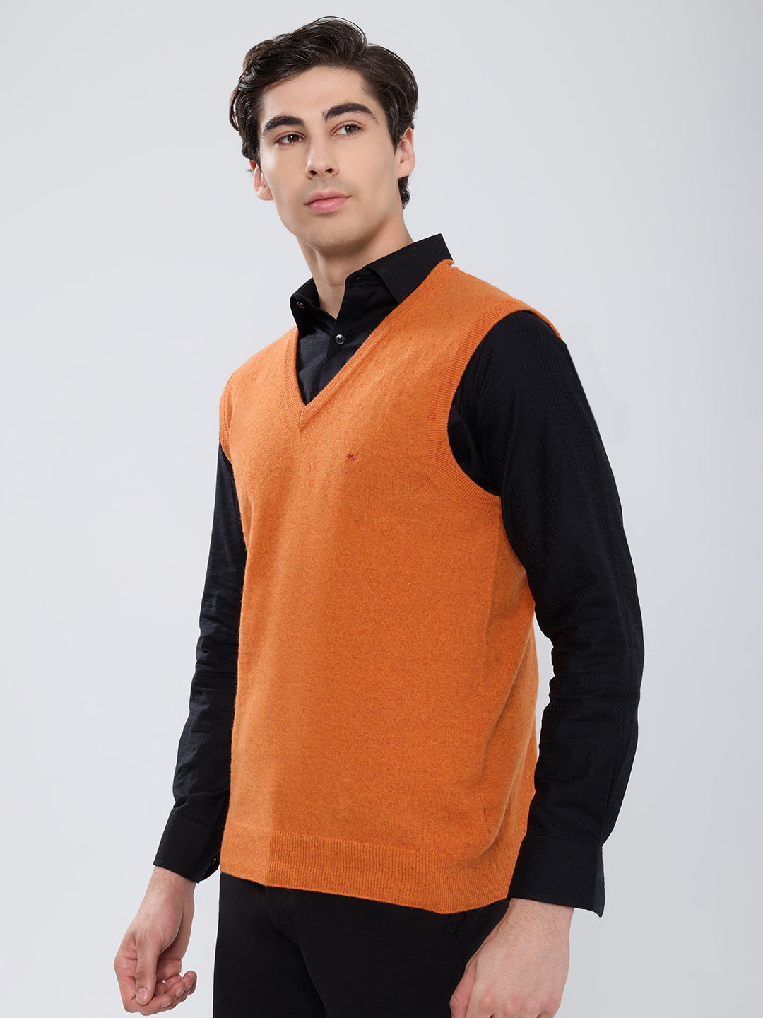Men Orange Solid V Neck Sleeveless Sweater