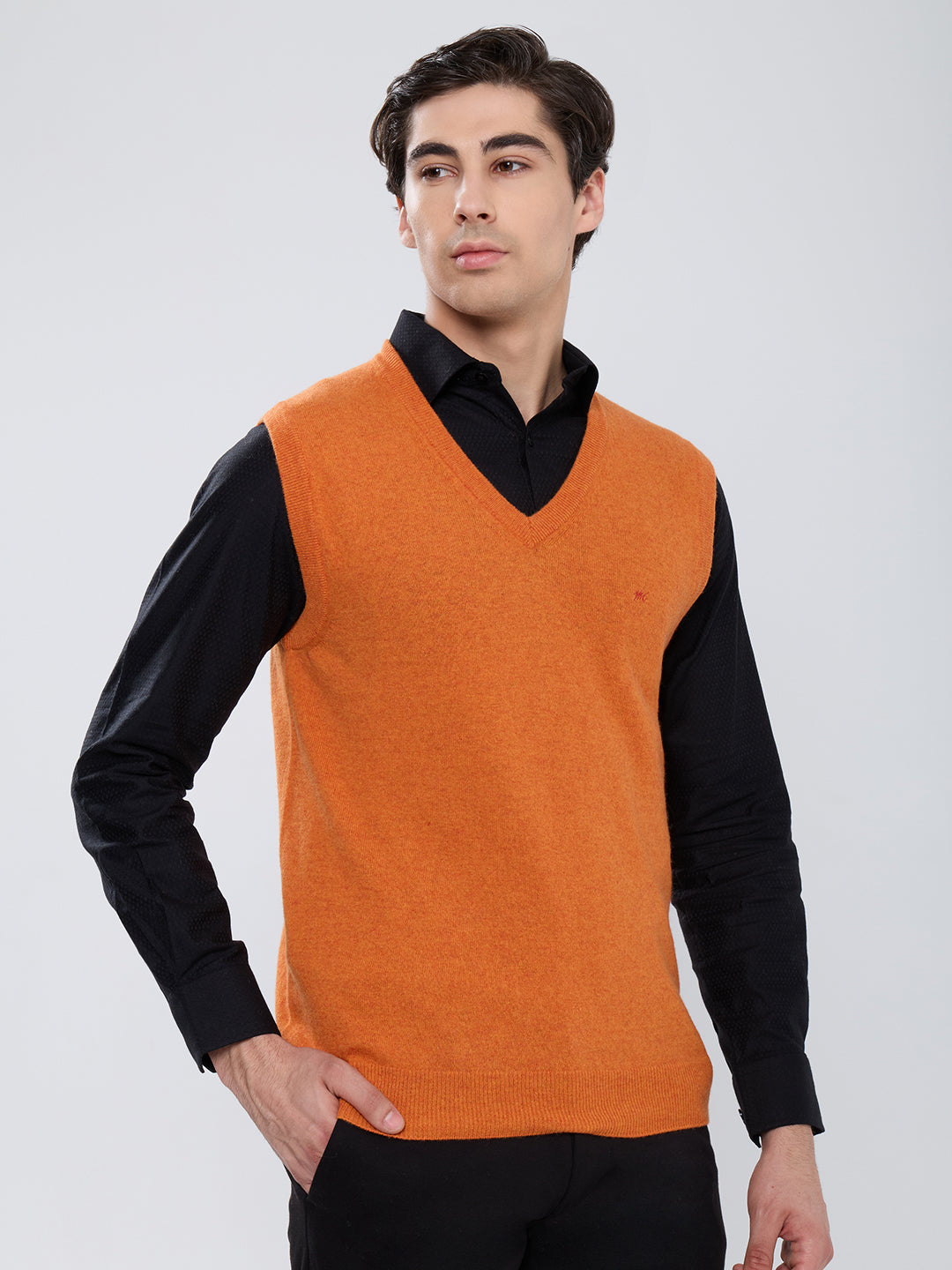 Men Orange Solid V Neck Sleeveless Sweater