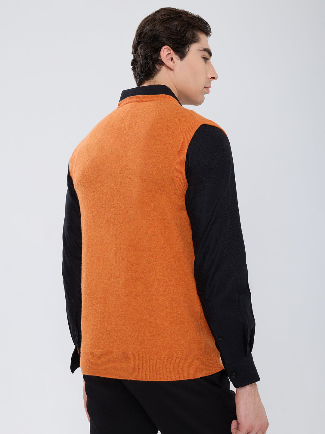 Men Orange Solid V Neck Sleeveless Sweater