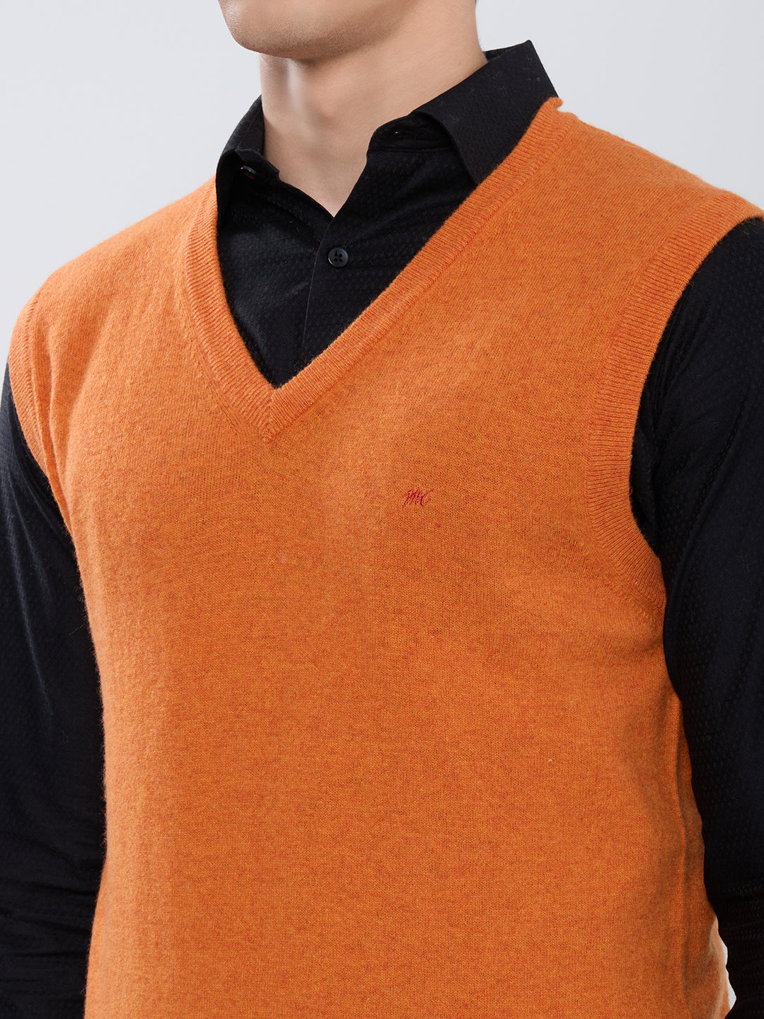 Men Orange Solid V Neck Sleeveless Sweater