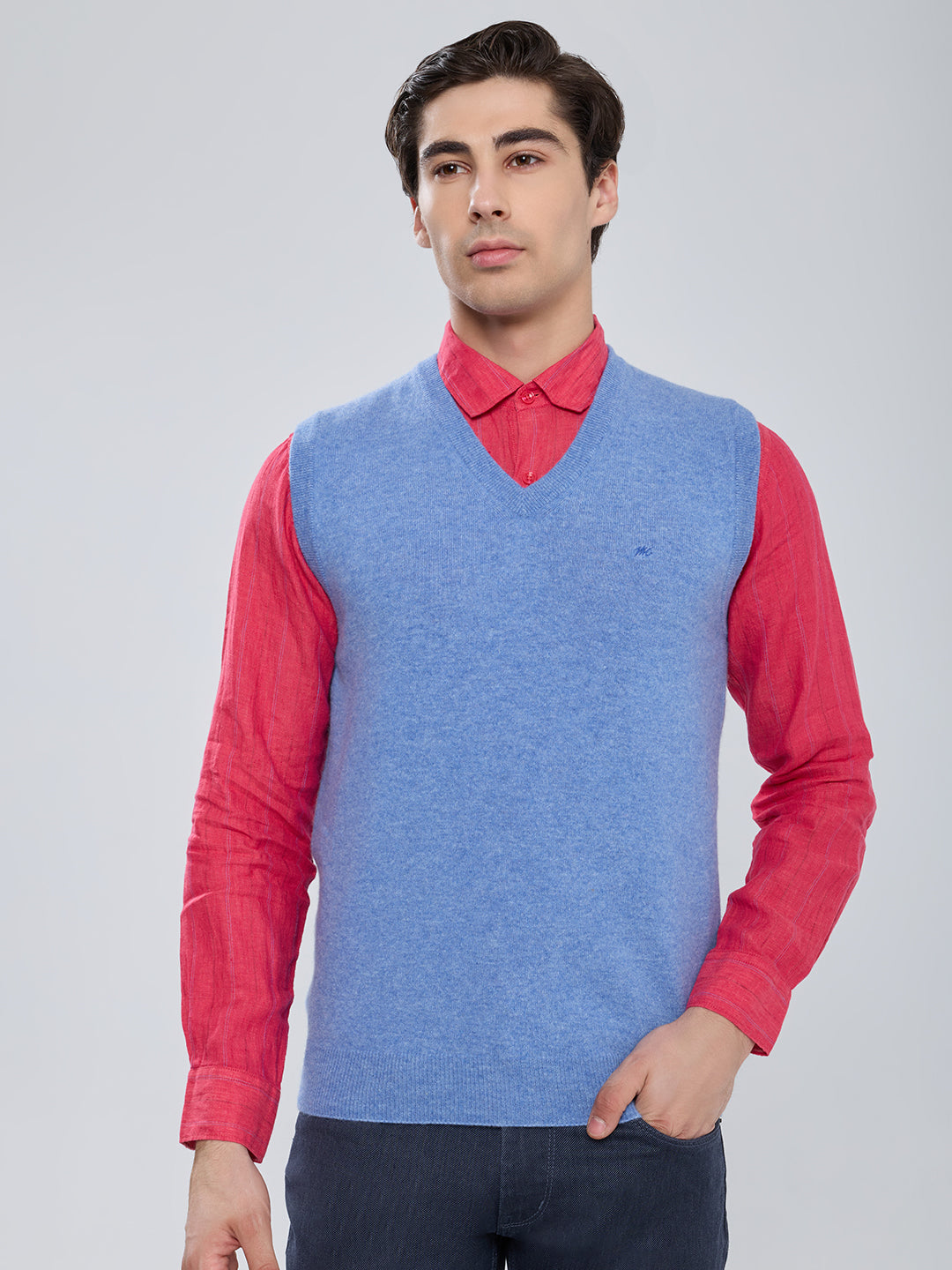 Men Sky Blue Solid V Neck Sleeveless Sweater