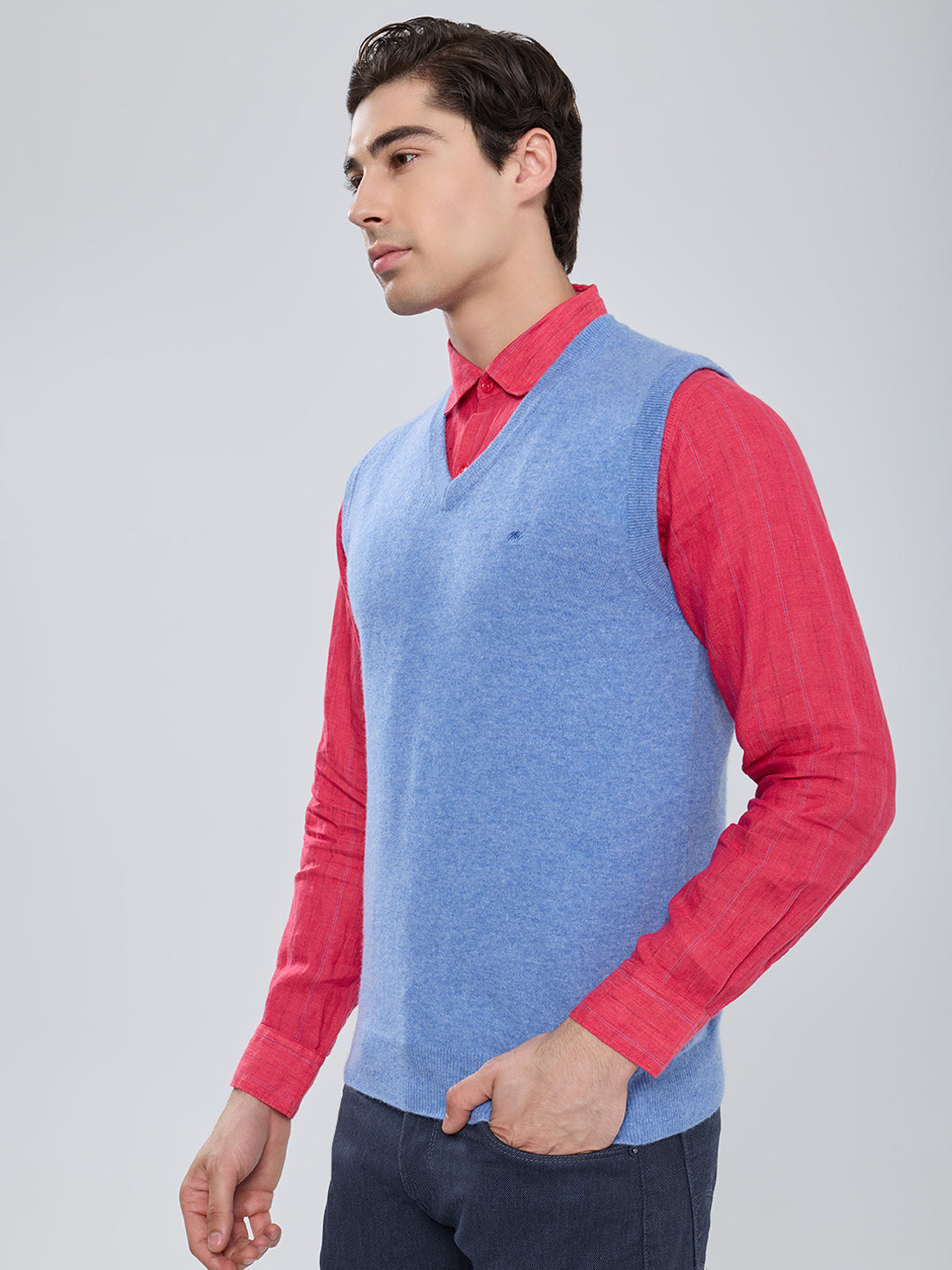 Men Sky Blue Solid V Neck Sleeveless Sweater