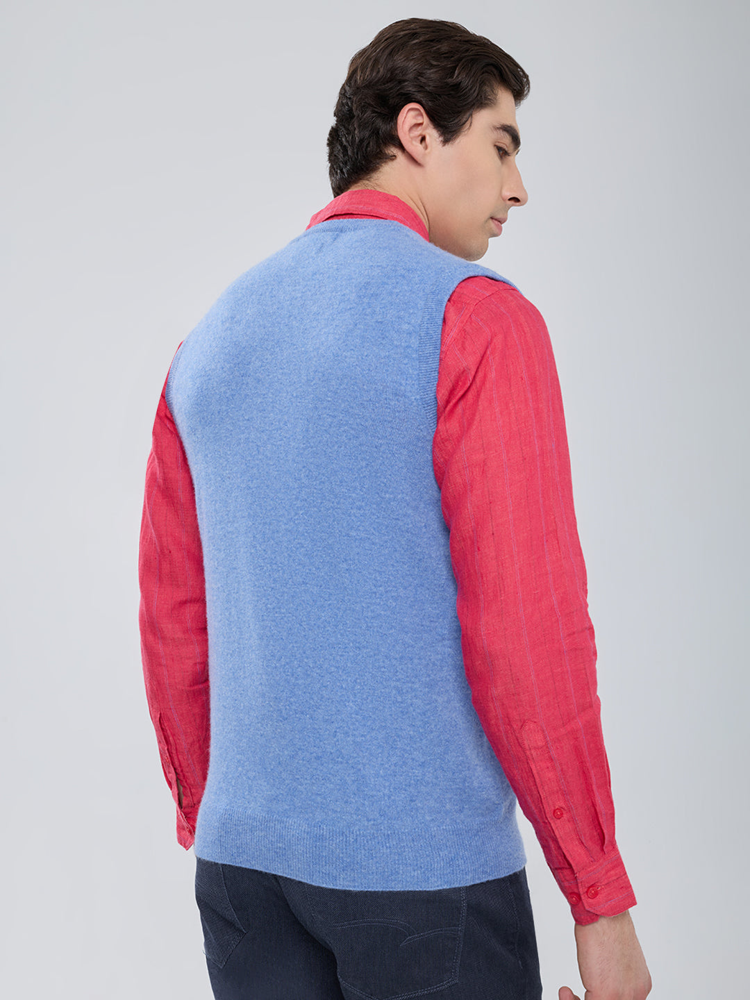 Men Sky Blue Solid V Neck Sleeveless Sweater