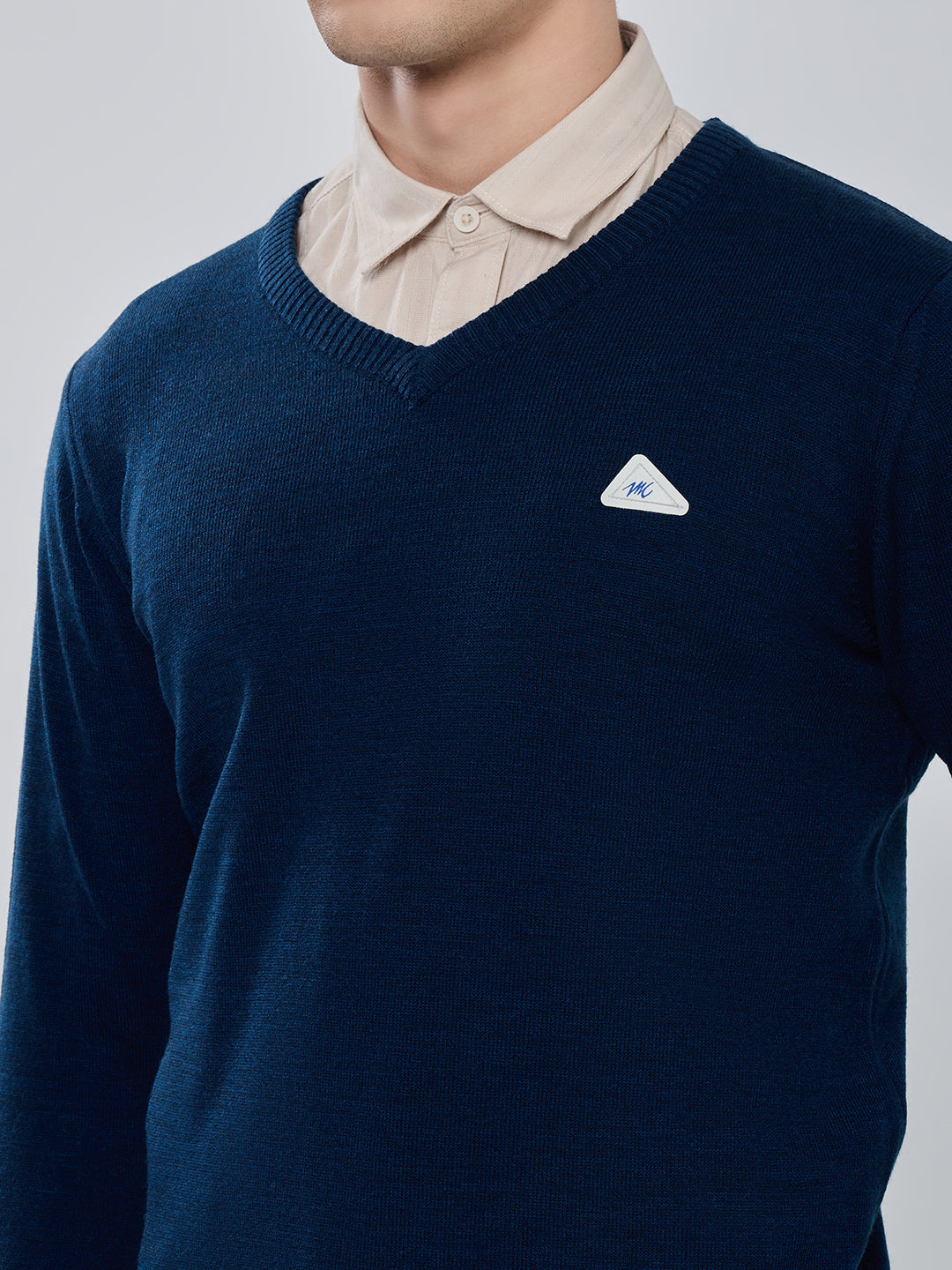 Men Navy Blue Solid V Neck Full Sleeve Pullover