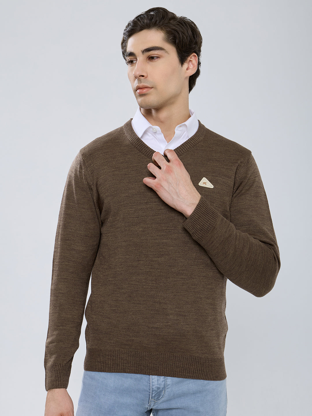 Men Brown Solid V Neck Full Sleeve Pullover
