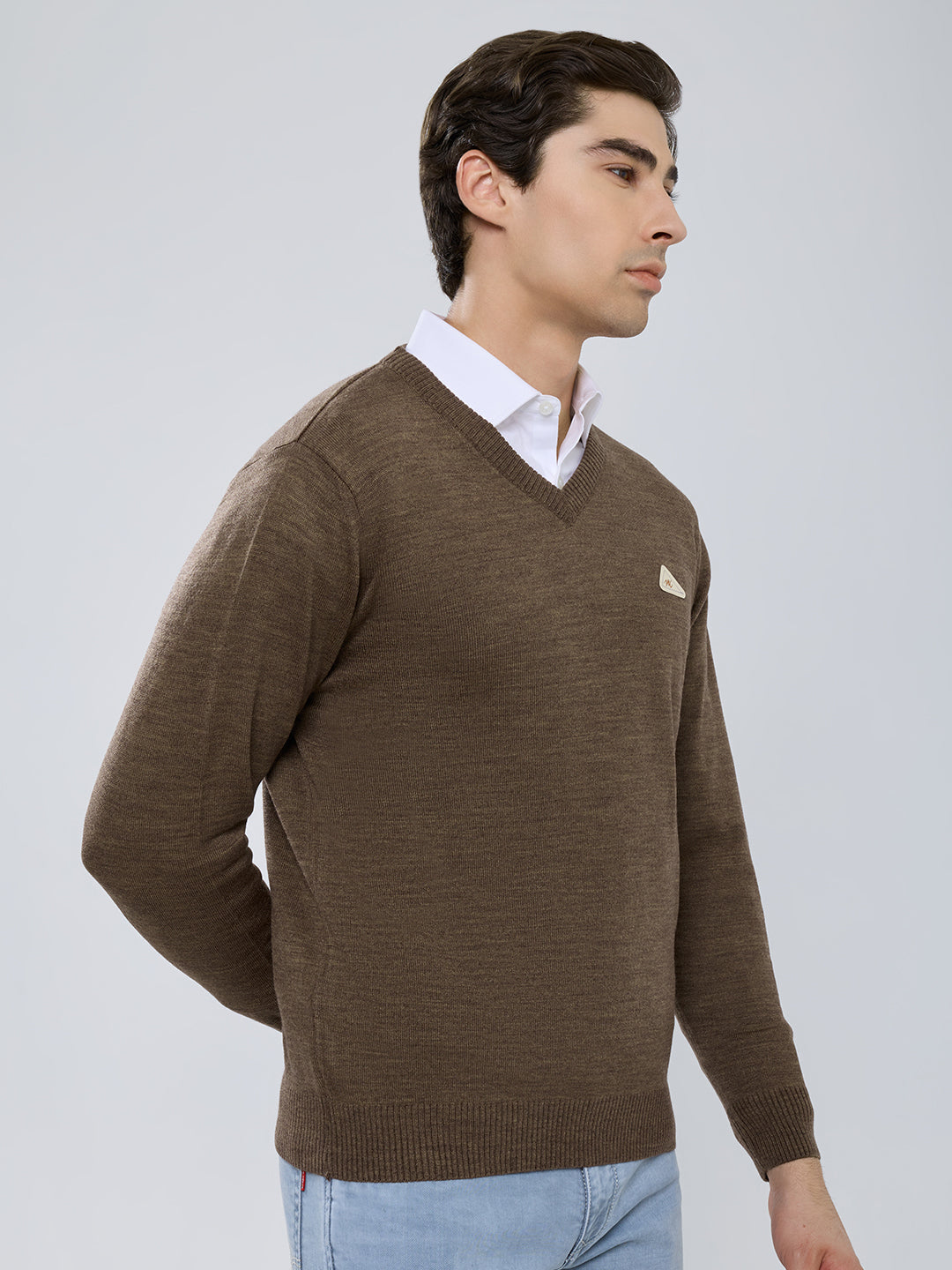 Men Brown Solid V Neck Full Sleeve Pullover