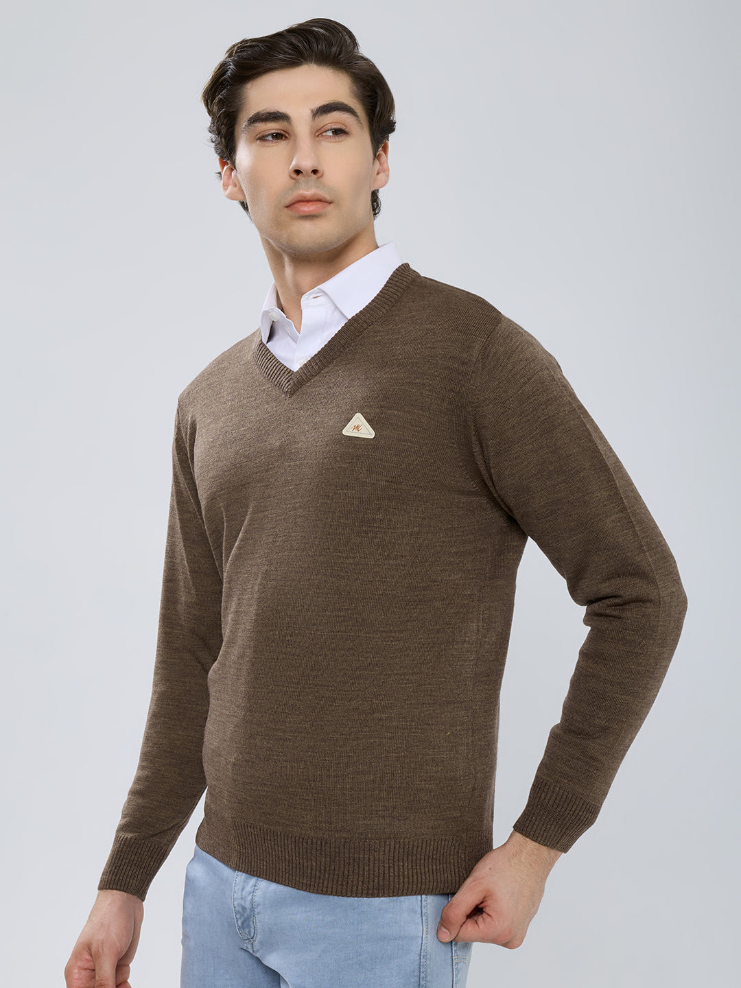 Men Brown Solid V Neck Full Sleeve Pullover