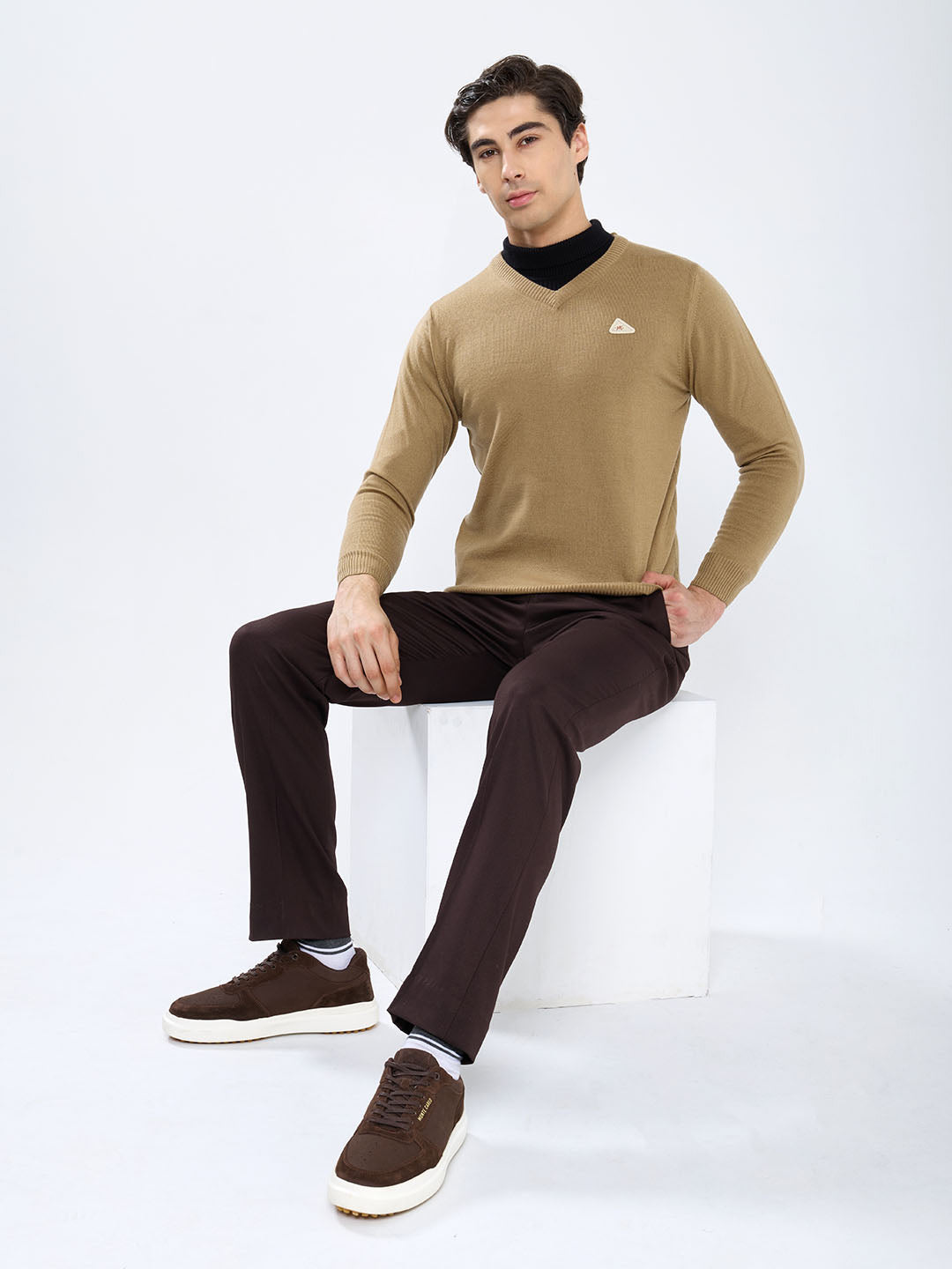 Men Camel Brown Solid V Neck Full Sleeve Pullover