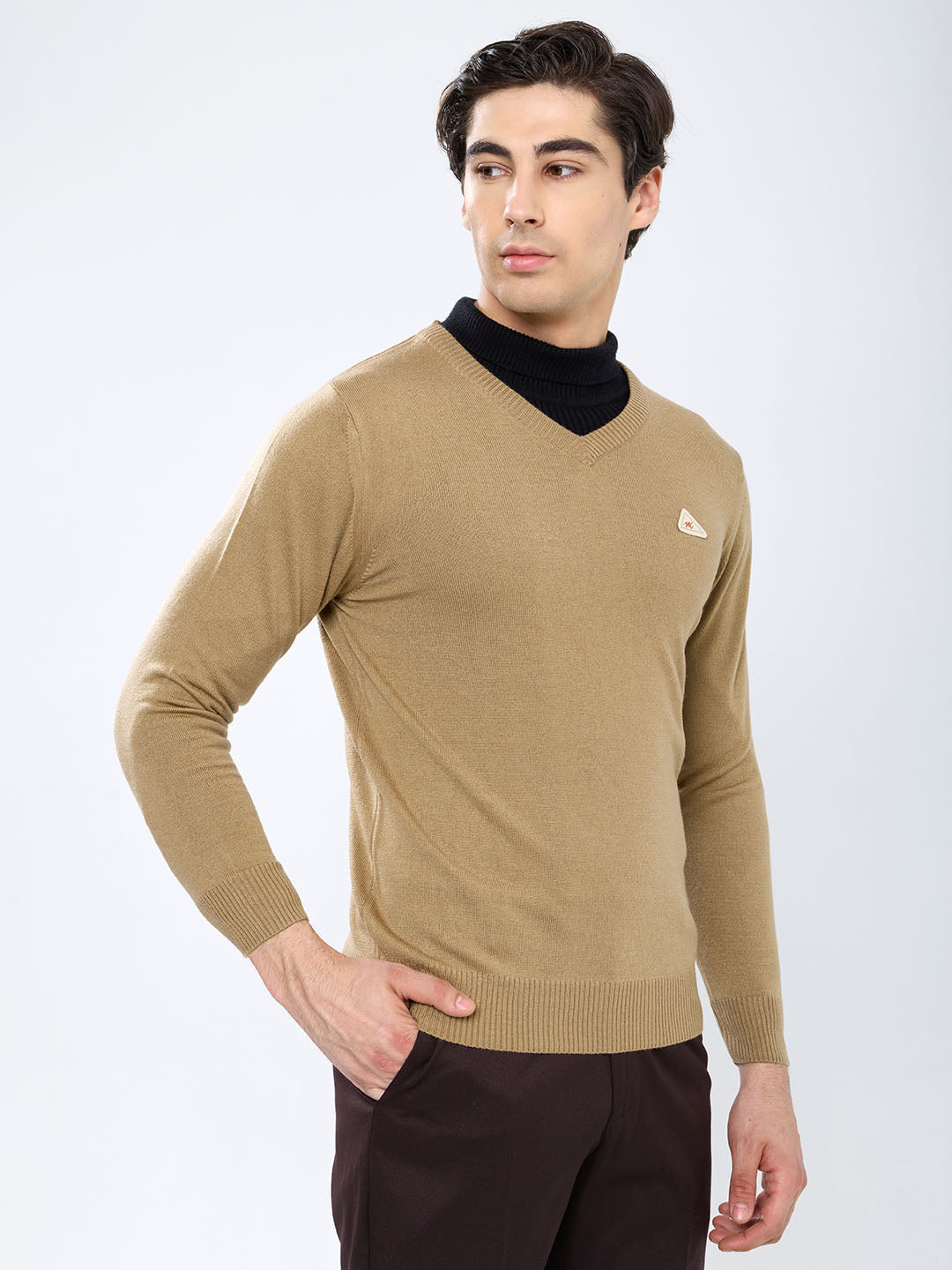 Men Camel Brown Solid V Neck Full Sleeve Pullover
