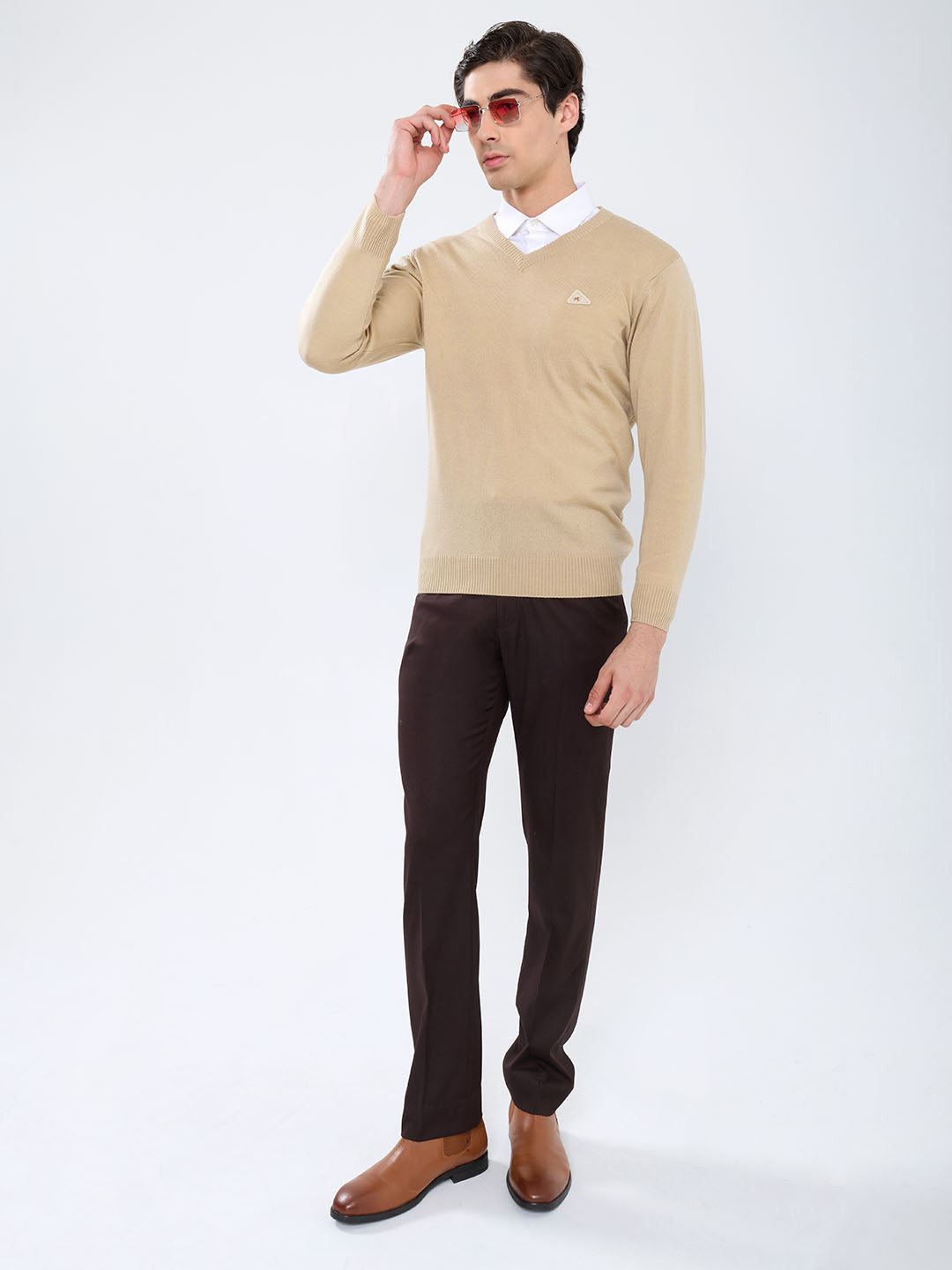 Men Camel Brown Solid V Neck Full Sleeve Pullover