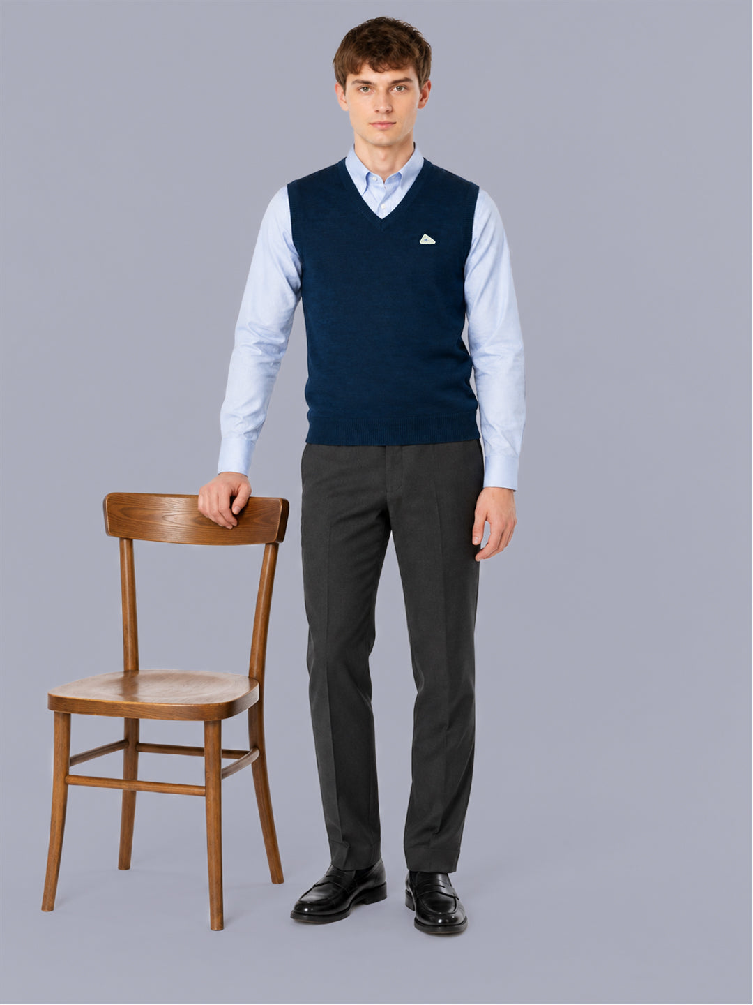 Men Blue Solid V Neck Sleeveless Sweater