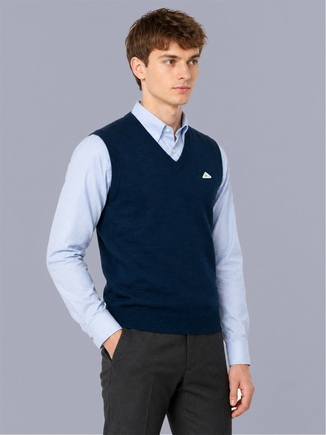 Men Blue Solid V Neck Sleeveless Sweater