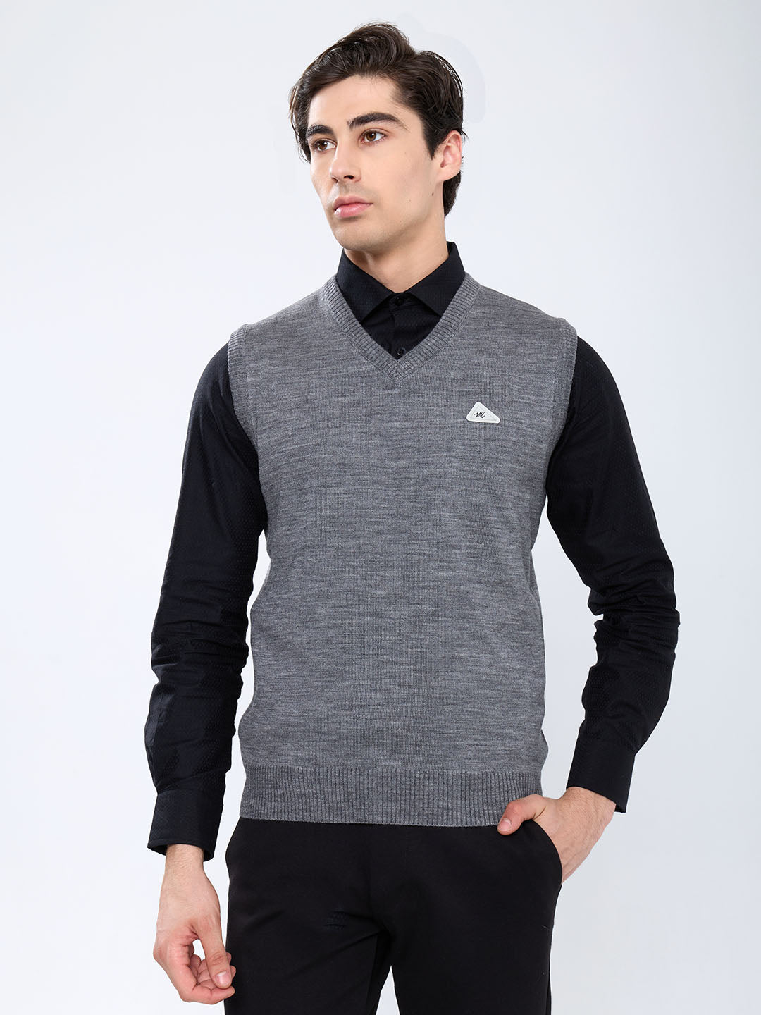 Men Grey Solid V Neck Sleeveless Sweater