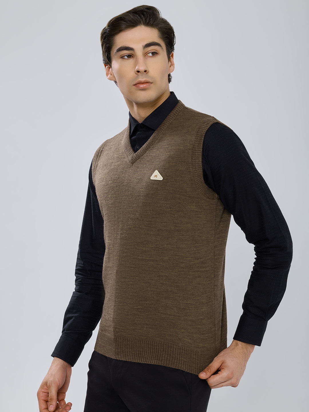 Men Brown Solid V Neck Sleeveless Sweater