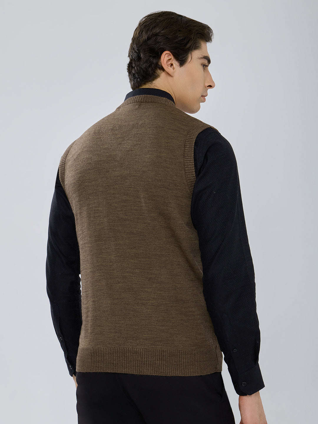Men Brown Solid V Neck Sleeveless Sweater