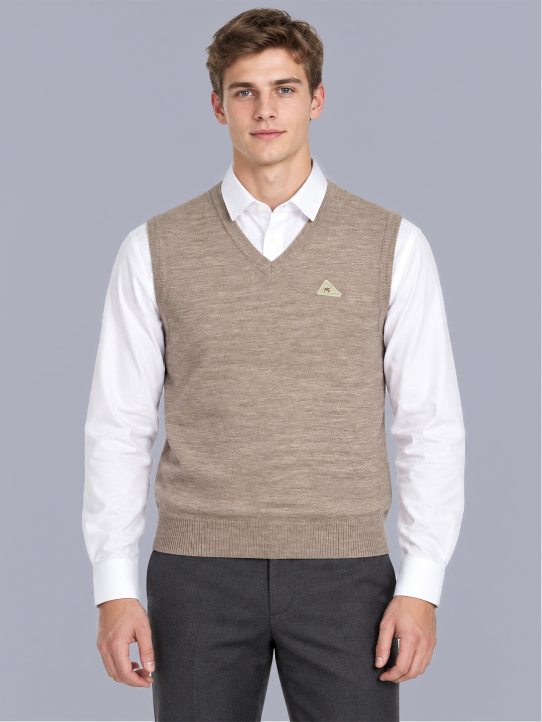 Men Taupe Solid V Neck Sleeveless Sweater