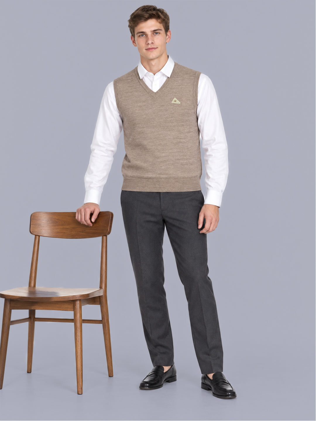 Men Taupe Solid V Neck Sleeveless Sweater
