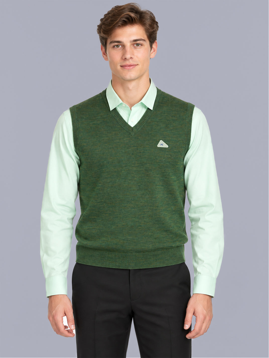 Men Green Solid V Neck Sleeveless Sweater
