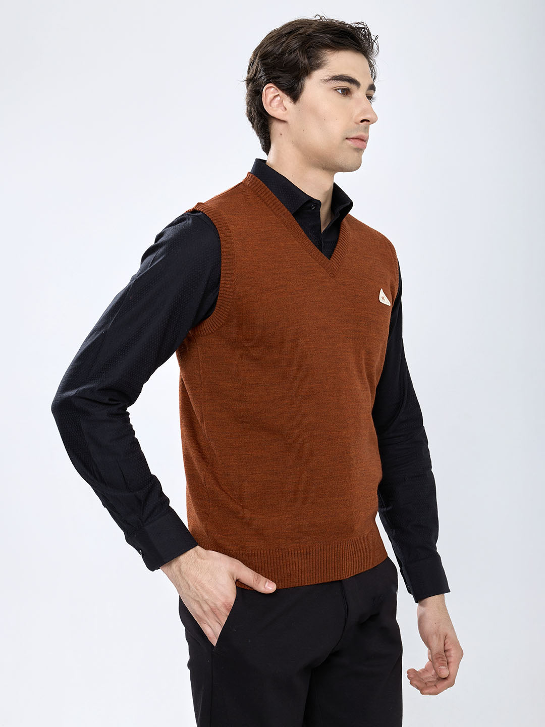 Men Rust Solid V Neck Sleeveless Sweater
