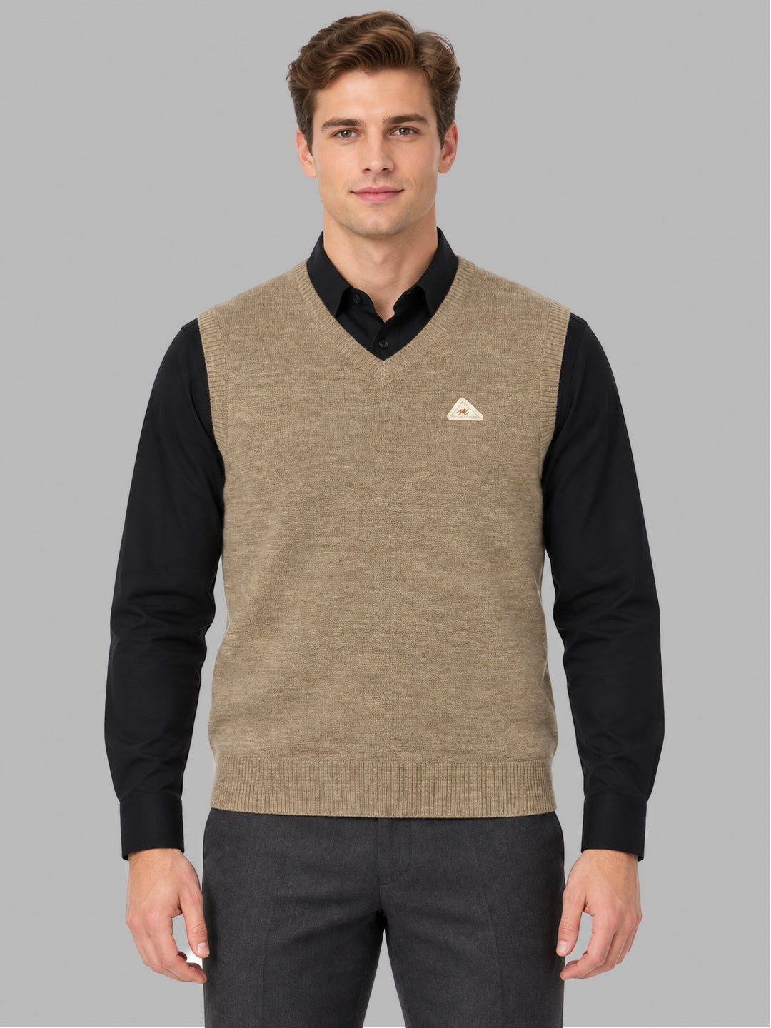 Men Brown Solid V Neck Sleeveless Sweater