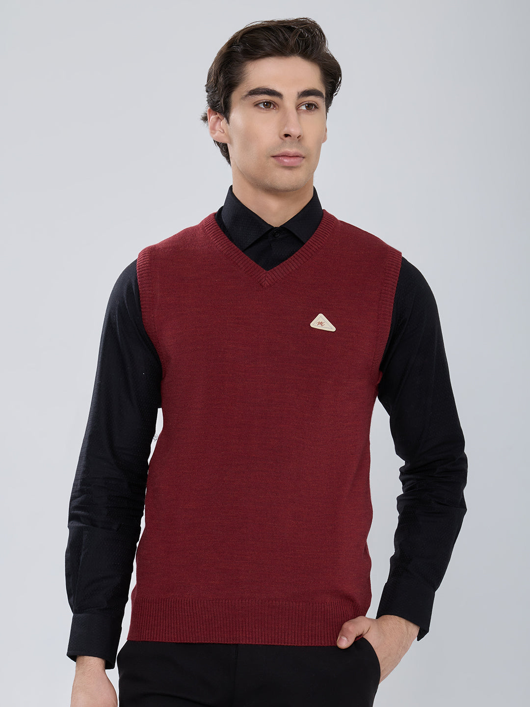 Men Red Solid V Neck Sleeveless Sweater