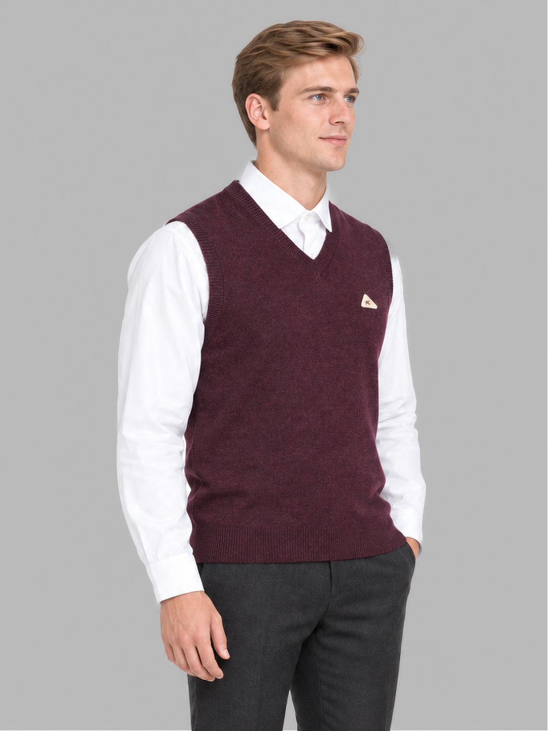 Men Purple Solid V Neck Sleeveless Sweater