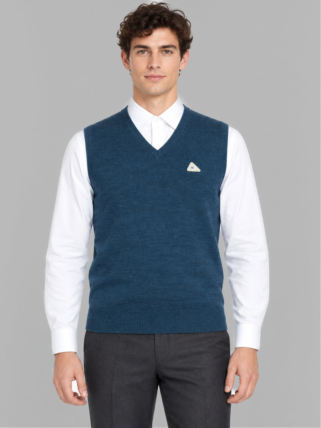 Men Teal Blue Solid V Neck Sleeveless Sweater