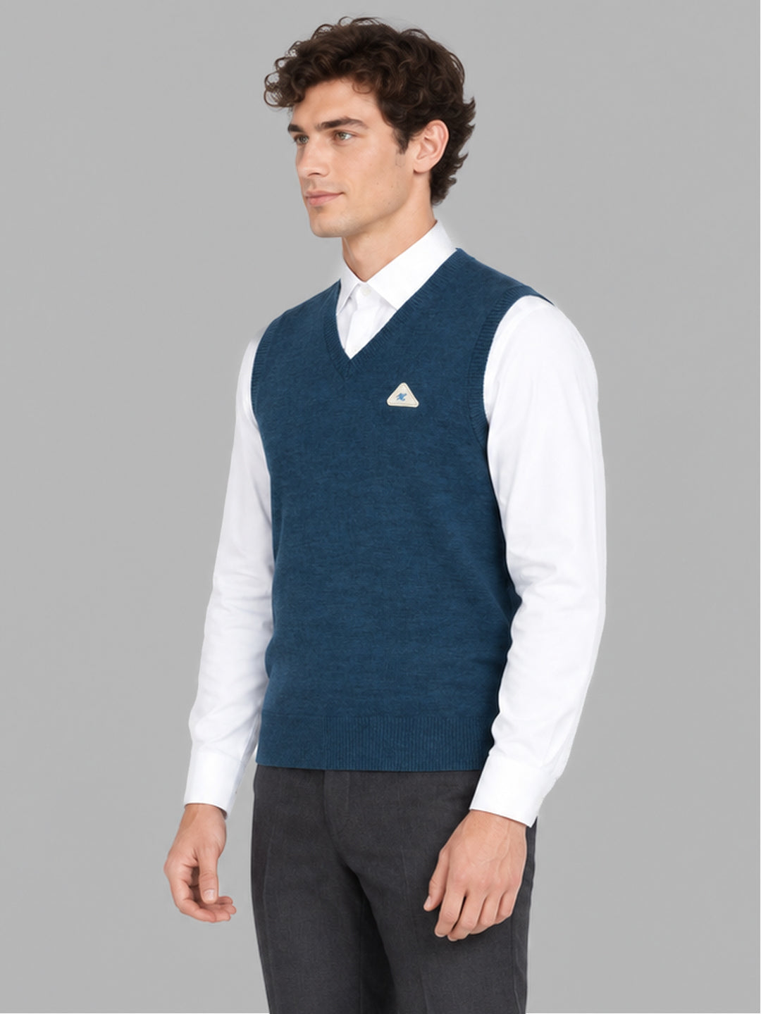 Men Teal Blue Solid V Neck Sleeveless Sweater