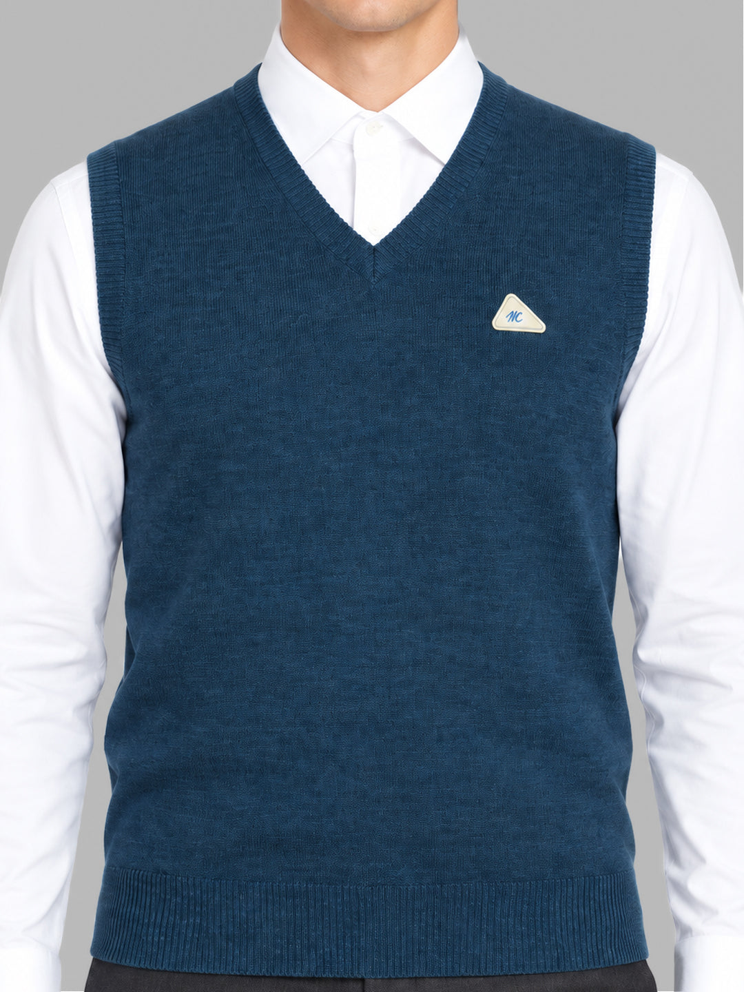 Men Teal Blue Solid V Neck Sleeveless Sweater