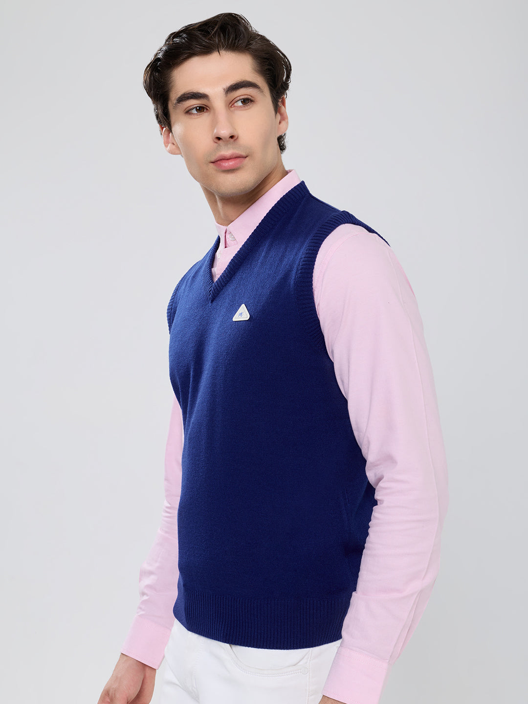 Men Royal Blue Solid V Neck Sleeveless Sweater