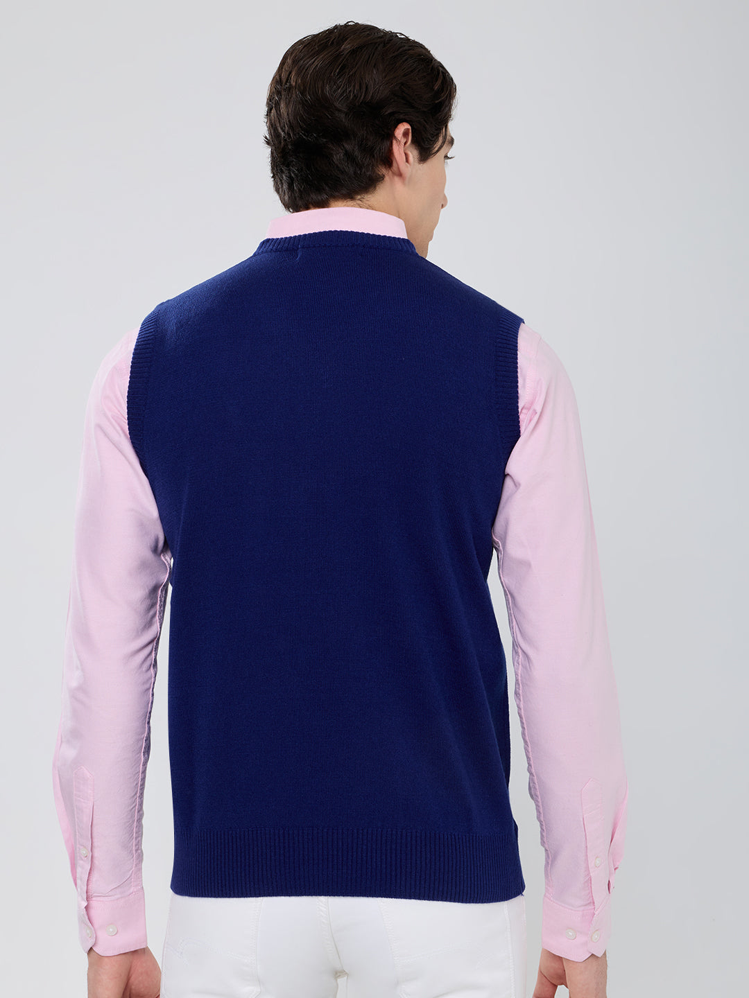 Men Royal Blue Solid V Neck Sleeveless Sweater